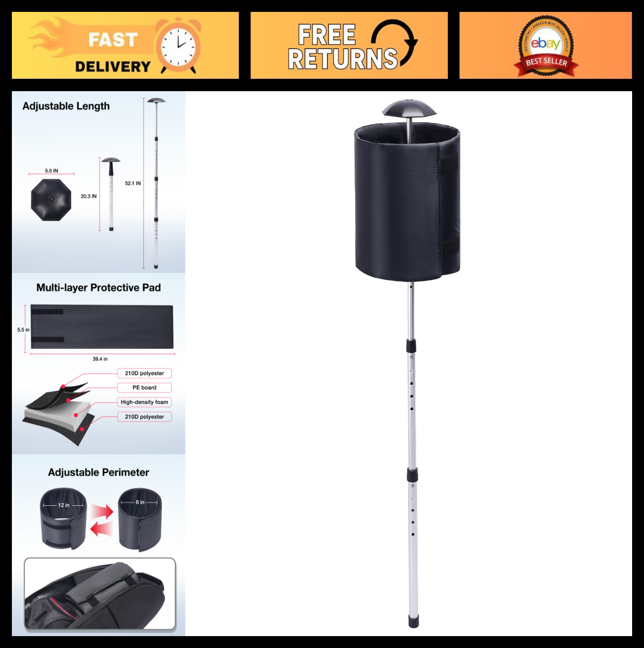 Golf Travel Bag Support System – Club Protective Pad & Aluminum Alloy Pole, Upgr