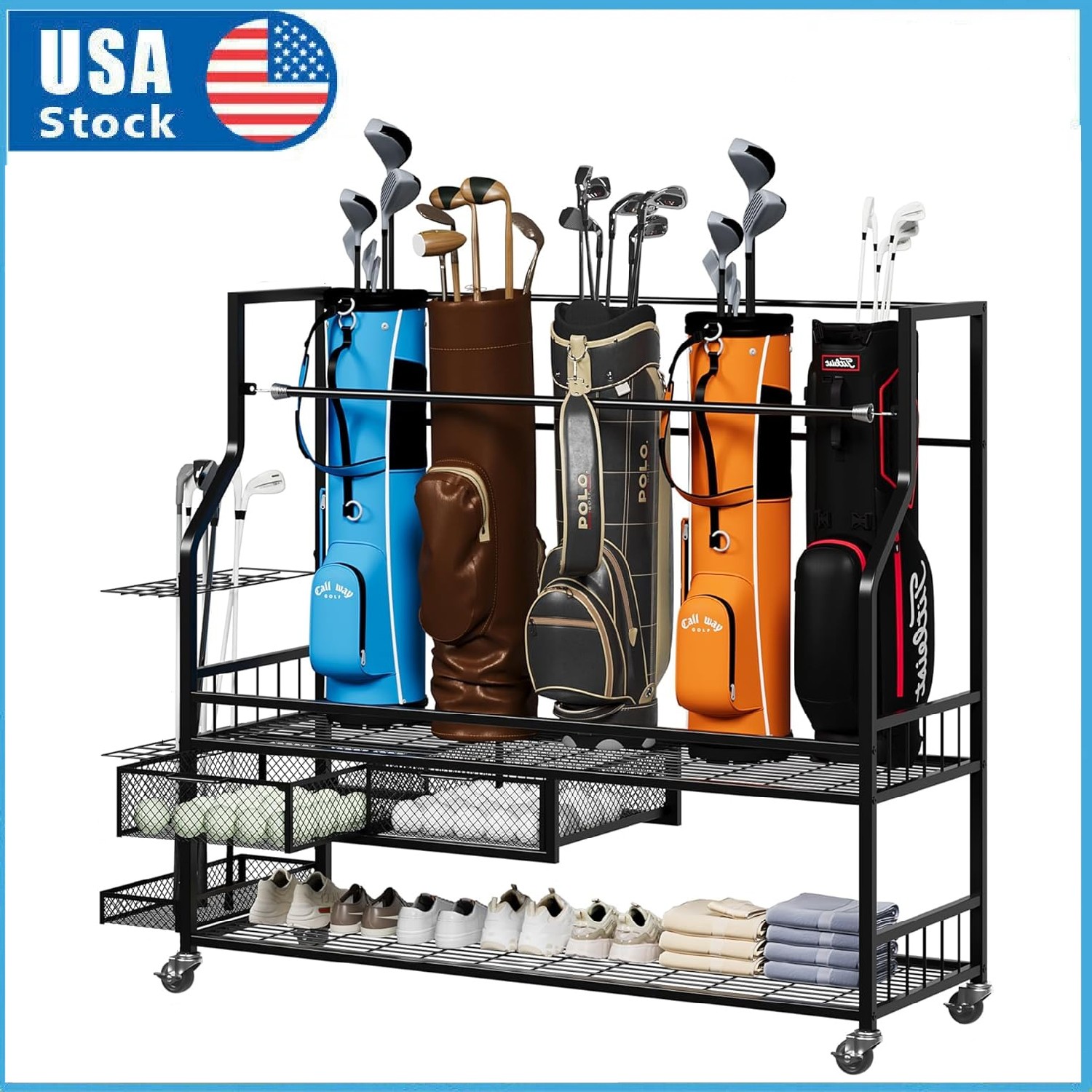 Golf Bag Storage Rack with Wheels, Heavy Duty Golf Organizer, 5 Bag Golf Stand