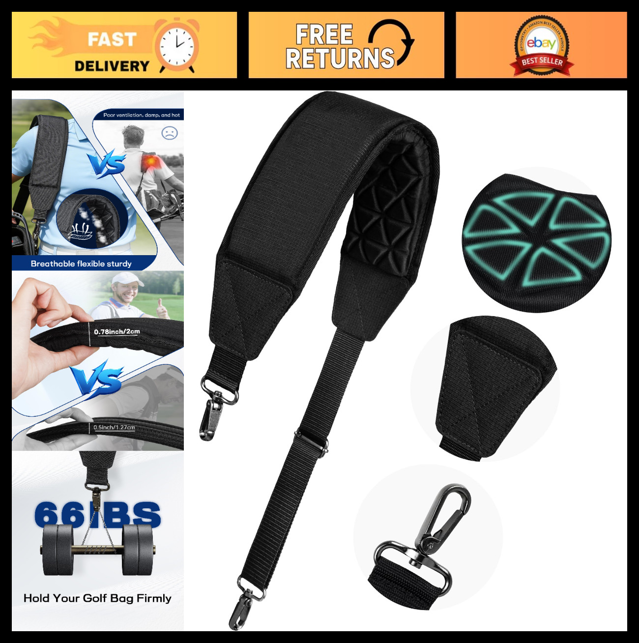 Adjustable Golf Bag Strap with 3D Air Cushion, Padded Universal Replacement, US