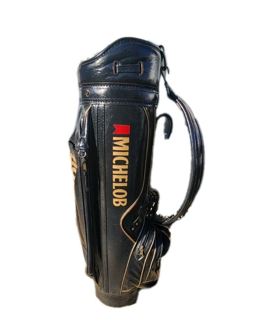 Vintage MICHELOB Black Leather Carry Golf Bag 35″ tall VINTAGE 70s 80s RARE!