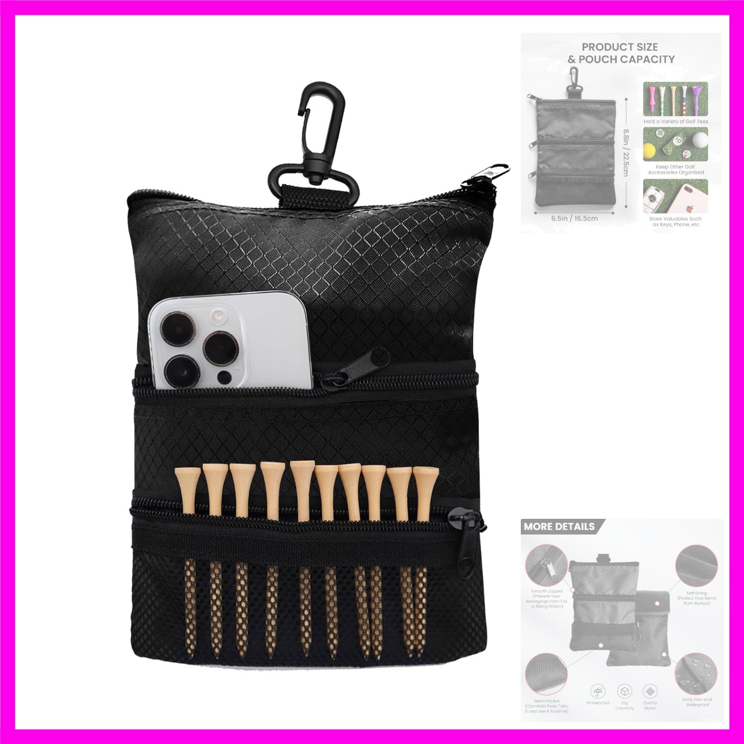 Golf Bag Accessories Valuables Pouch Bags Multi Pocket Zipper Hook with 10 Pc…