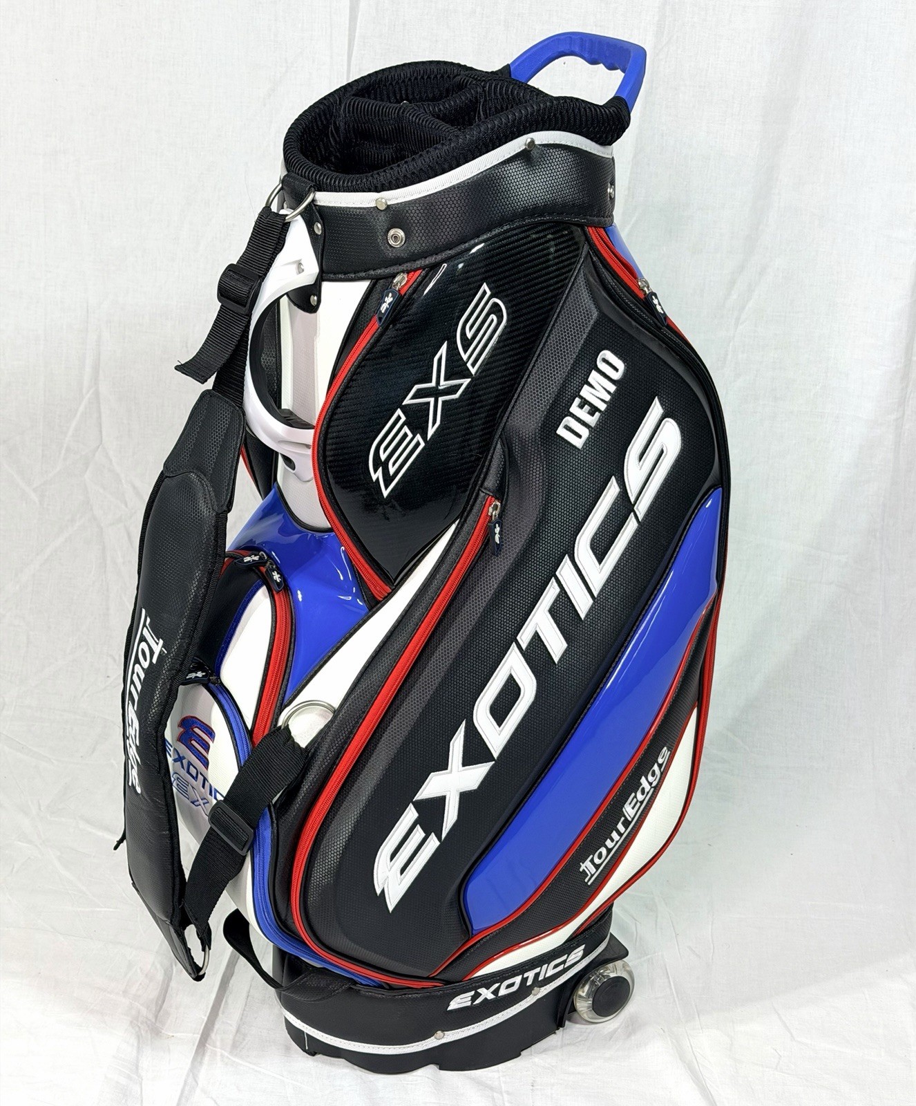 Tour Edge Exotics EXS Staff Golf Cart Bag Wheels Rain Hood Blue Black Red | Mint
