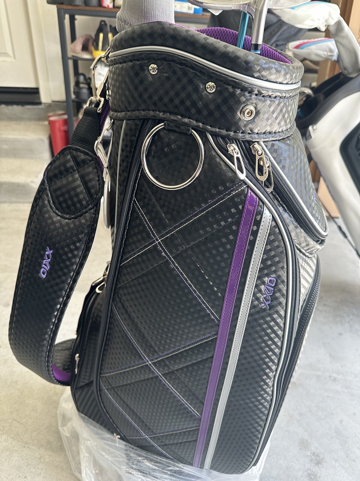 BRAND NEW XXIO Removable Pocket Caddy Black/Purple Bag 5-Way-Top Ladies w/ Cover
