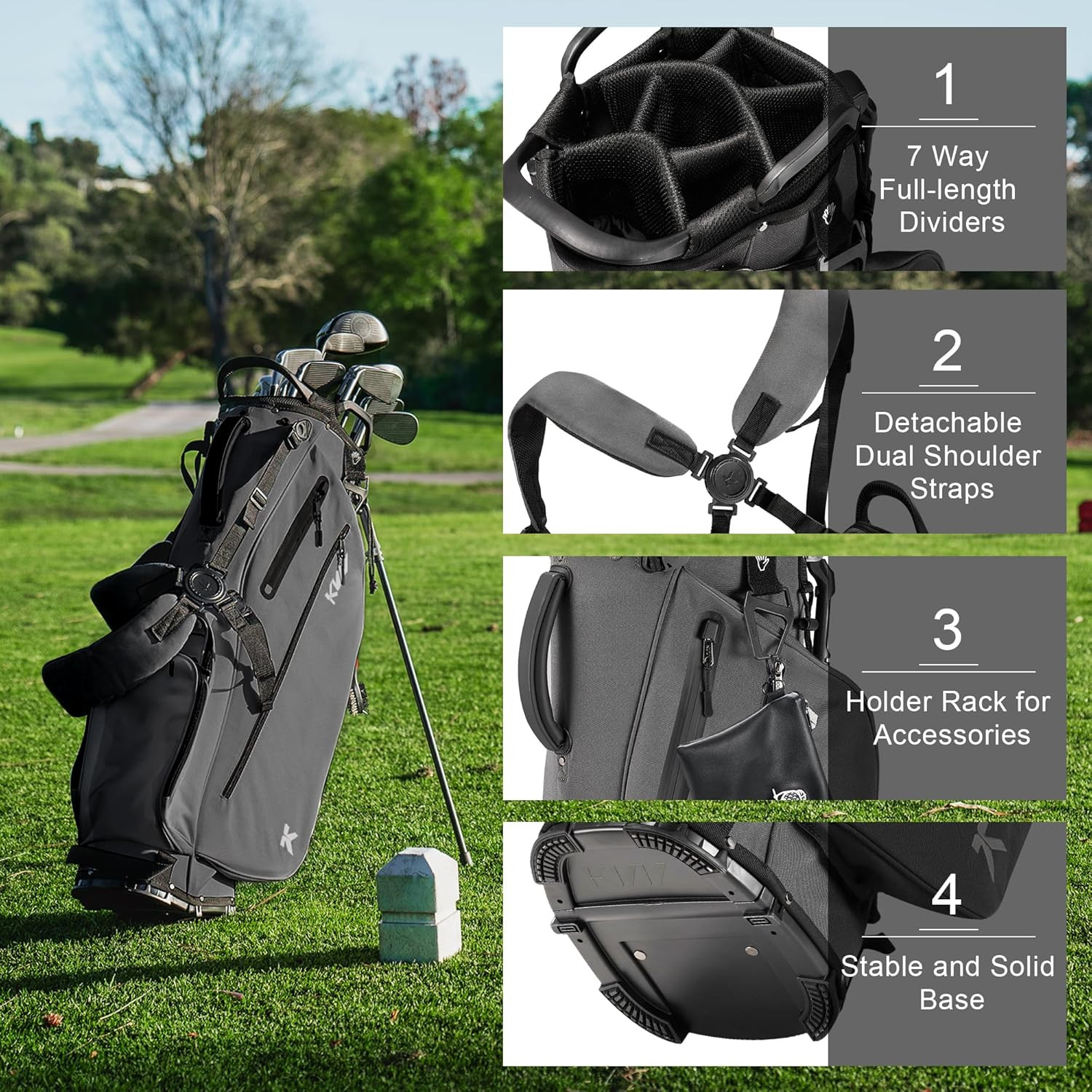 KVV Lightweight Golf Stand Bag with 7 Way Full-Length Dividers, 5 Zippered Pocke