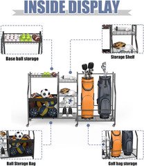 Golf Bag Storage Rack with Wheels, Rolling Sports Equipment Organizer, Large Cap