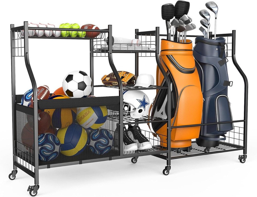 Golf Bag Storage Rack with Wheels, Rolling Sports Equipment Organizer, Large Cap